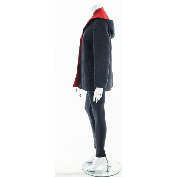 Gray Wool Coat, Gray and Red Wool Coat, Wool Coat with Hoodie, Collegiate Wool C - Picture 6 of 8